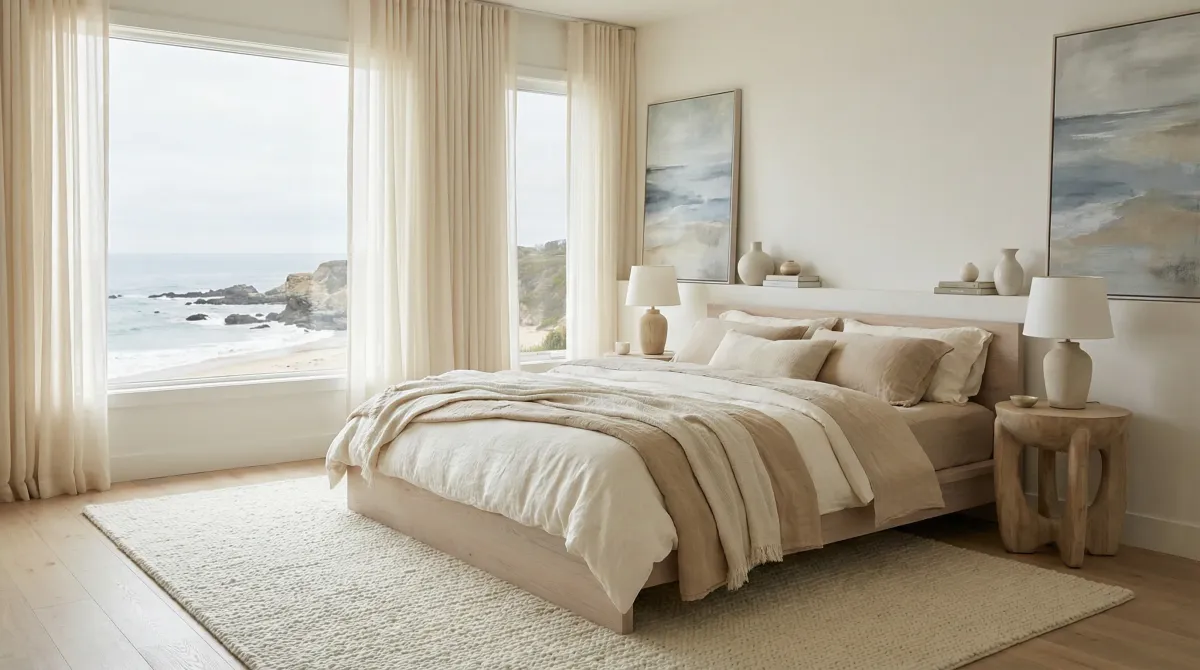 Coastal modern bedroom featuring quality investment furniture and layered textiles