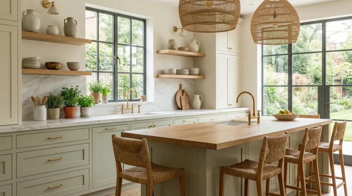Modern sustainable kitchen interior with natural materials and eco-conscious finishes