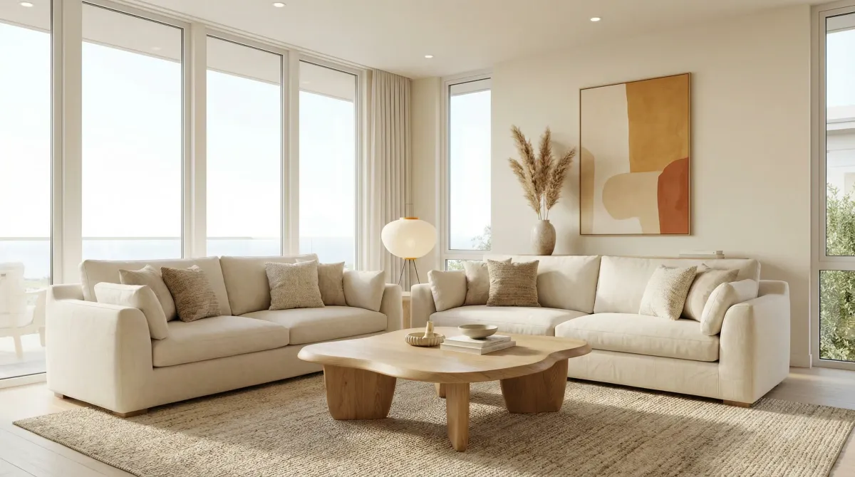 Living room with balanced furniture scale, layered lighting, and cohesive styling to avoid common design mistakes